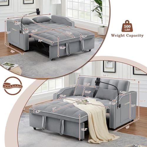 Light Grey Convertible Velvet Pull Out Sofa Bed with Phone Holder