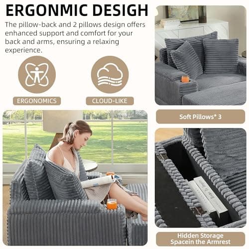 Oversized Chaise Lounge Convertible Sleeper Sofa Bed (Grey)