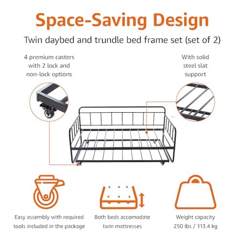 Amazon Basics Twin Daybed and Trundle Bed Frame Set, Easy Assembly, Space Saving, Suitable for Small Apartments, Strong Steel Slat Support, Black, 77.3 x 40 x 35.4 in  
Amazon Basics Twin Daybed and Trundle Bed Frame Set, Easy Assembly, Durable Const