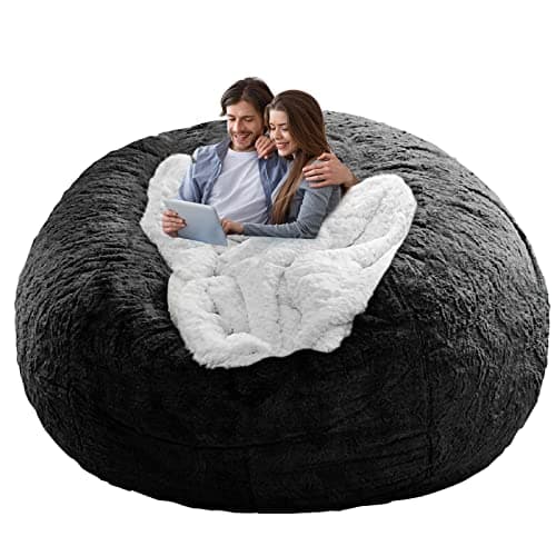 Dark Grey Big Round Soft Fluffy Bean Bag Chair Cover, Living Room Essential