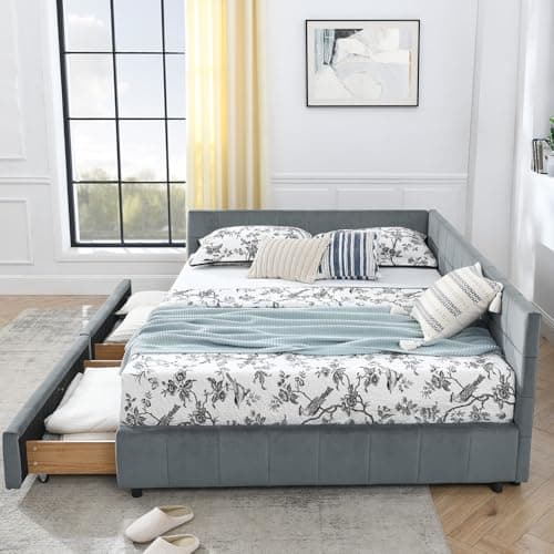 Antetek Modern Full Size Corner Tufted Velvet Day Bed with Storage Drawers, Grey