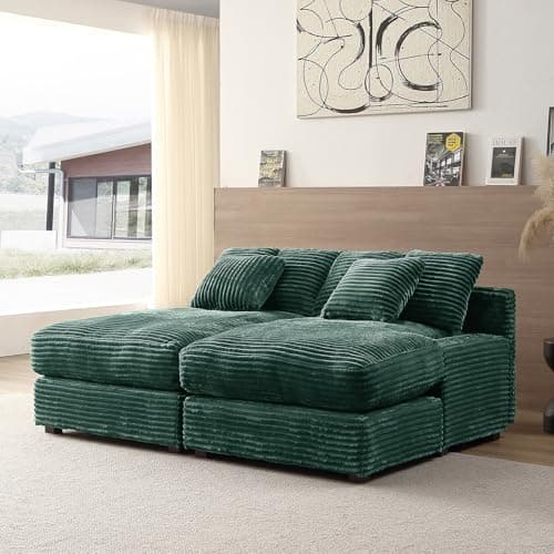 Antetek Green Corduroy Double Chaise Lounge Chair with Thick Cushion
