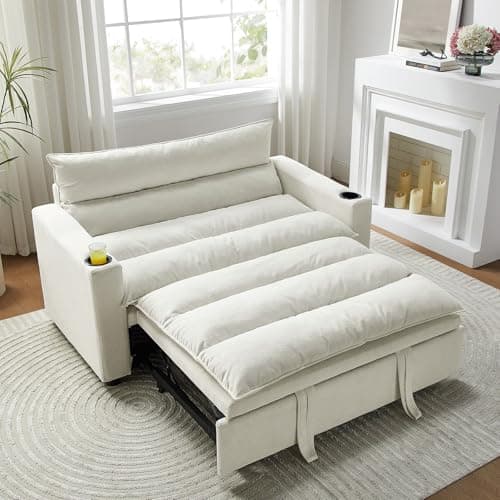 Beige 36-Inch 3-in-1 Pull Out Couch Sofa Bed with Velvet Backrest
