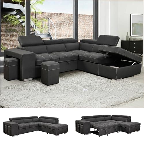 THSUPER Charcoal Grey Microfiber L-Shaped Sleeper Sofa with Pull-Out Bed & Storage Ottoman