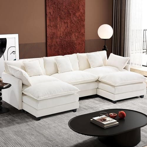 Ihanherry 6-Seat Beige Modular U-Shaped Sofa with Ottomans for Living Room