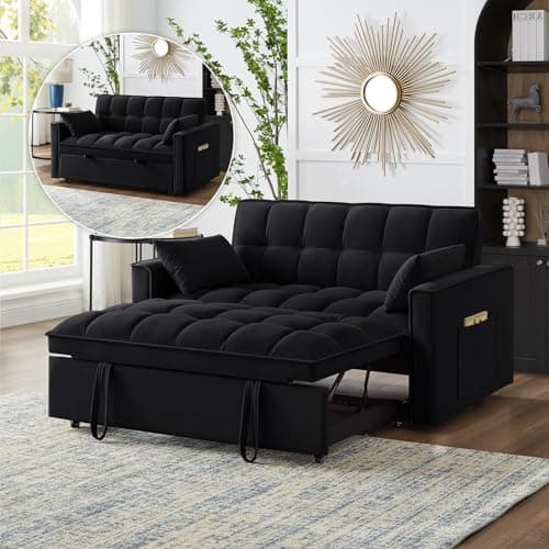 Gray Velvet 3-in-1 Convertible Sleeper Sofa Bed with Armrests, Storage Pockets & 2 Pillows for Living Room, Apartment, Bedroom, or Office