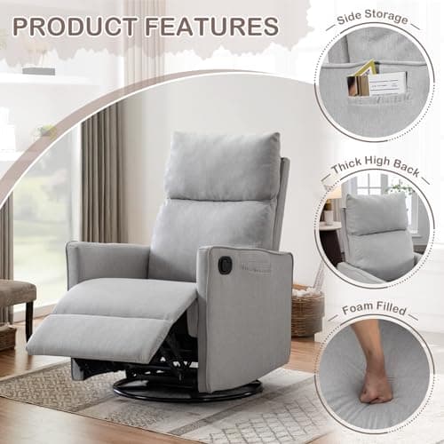 Glider Rocker Recliner Chair, 360° Swivel Linen Recliner for Adults & Nursery