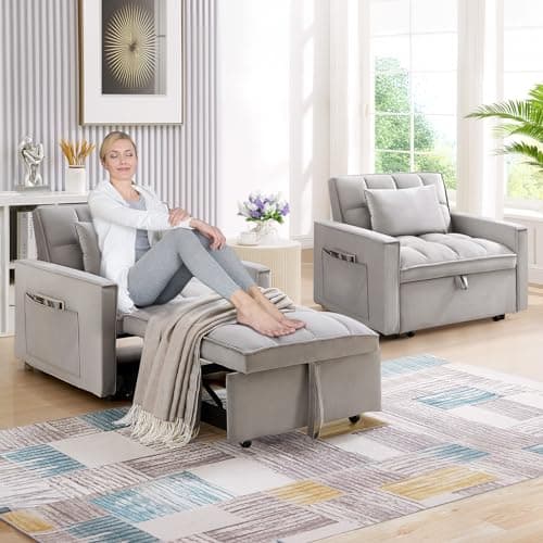 Grey Convertible Velvet Sleeper Sofa Chair Bed with Adjustable Backrest