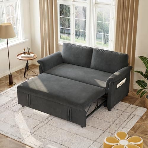 3-in-1 Chenille Convertible Sofa Bed with Pull-Out Bed, Grey