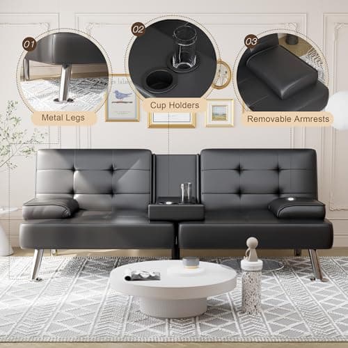 Shahoo Black Faux Leather Convertible Futon Sofa Bed for Living Room