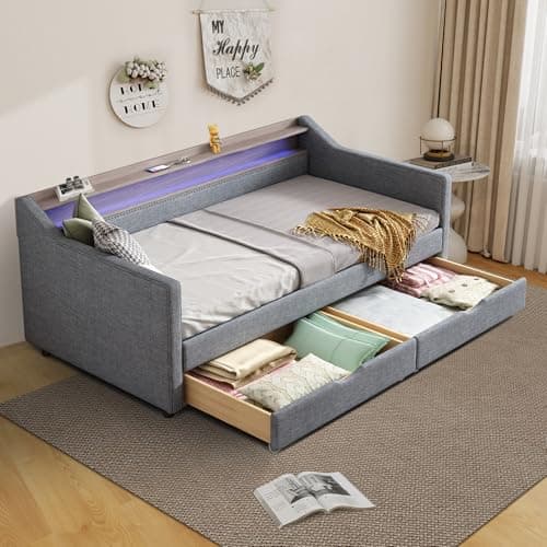 Linen Upholstered Ball & Cast Daybed, Dark Grey, 2 Storage Drawers