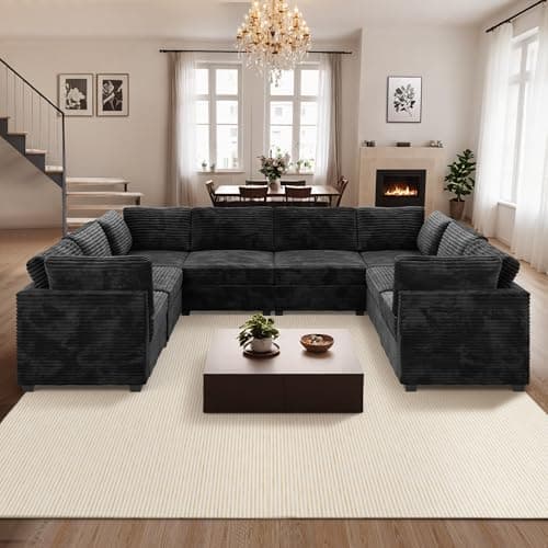Ovios 130.7" U-Shaped Sofa Bed Living Room Set, 6 Seater, Black