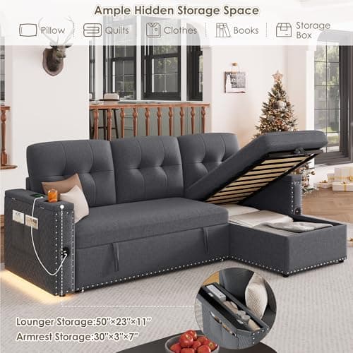 HIFIT Grey Shaped Sectional Sleeper Sofa with Storage & USB Port