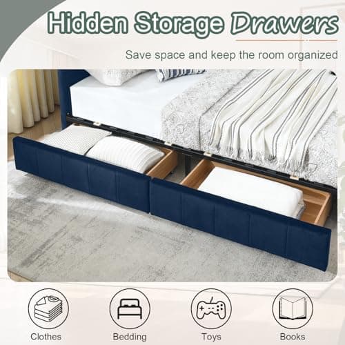 Antetek Modern Tufted Velvet Full Daybed with Storage Drawers, Blue