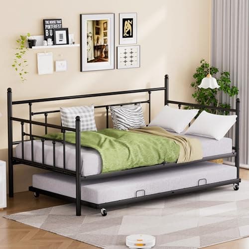 Black Twin Daybed with Backrest for Living Room, Bedroom, Kids Room, Guest Room
| Heavy Duty Metal Slats Platform Twin Daybed with Trundle for Bedroom and Guest Room
| Metal Trundle Frame with Pull Out Bed for Kids and Guest Room