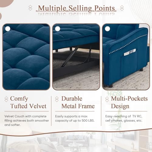 Modern 3-in-1 Sleeper Sofa with USB & Type C Port, 52 Small Velvet Loveseat Bed for Small Spaces - Blue