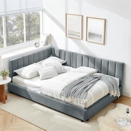Antetek Gray Modern Tufted Velvet Full Size Corner Sofa Bed Frame