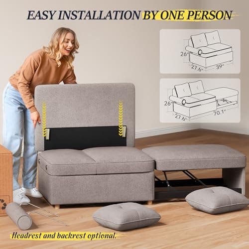 4-in-1 Sleeper Sofa Bed Linen Fabric Couch with 2 Throw Pillows & Single Recliner