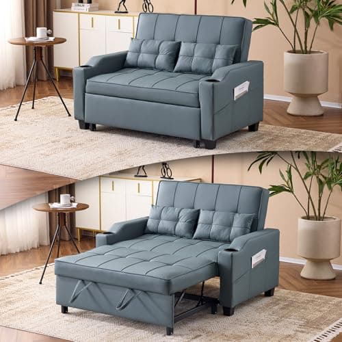 VINGLI Light Green Faux Leather Pullout Sofa Bed with USB Ports