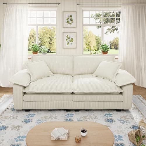 80.5-inch Modular Sectional Couch with Ottoman, Modern Oversized Corduroy Cloud Fluffy Deep Seat Loveseat Chaise Lounge Sofa with 2 Throw Pillows for Living Room Bedroom Apartment, Gray