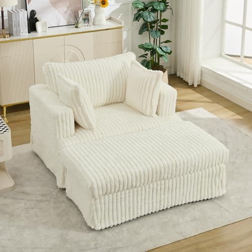 Oversized Beige Chaise Lounge Chair with Ottoman and Throw Pillows