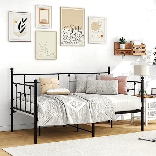 Black Twin Heavy Duty Metal Daybed Frame with Slats Mattress Foundation