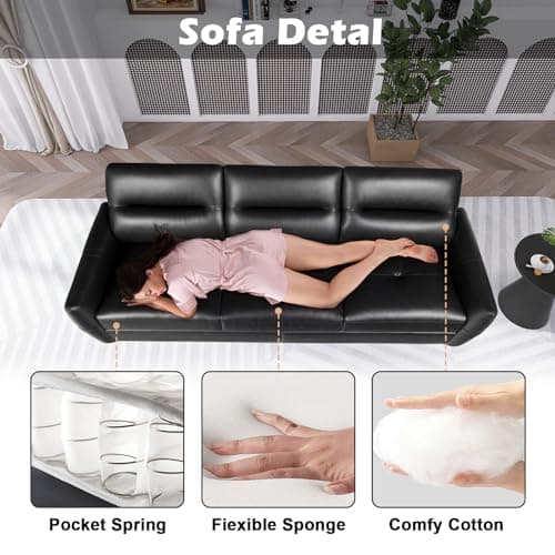 Mid Century Modern 85" Black Leather Sofa with USB Charging Ports