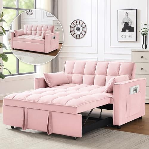 3 in 1 Convertible Sleeper Sofa Bed, Black Velvet Living Room Couch with Side Pocket | Adjustable Backrest