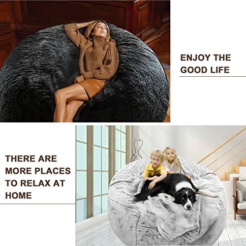 Dark Grey Big Round Soft Fluffy Bean Bag Chair Cover, Living Room Essential