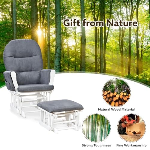 Nursery Glider & Ottoman Set, Reclining Rocker with Padded Arms - White, Dark Gray