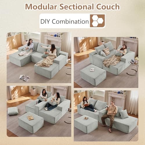 107" Grey Left-Facing Modular U-Shaped Couch with Chaise, No Assembly Required