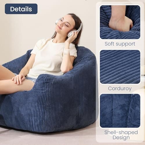 Oversized Plush Bean Bag Chair with Ottoman & Armrests, Cozy Reading Chair, Blue