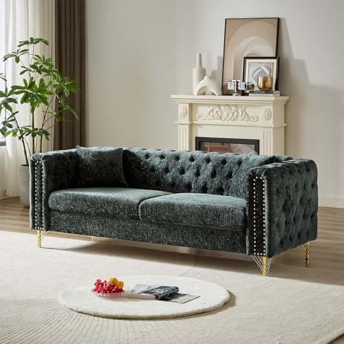 Antetek 82" Copper Nail Metal Leg Chenille Sofa Couch, Black