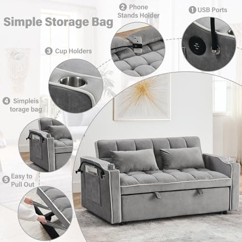 3-in-1 Velvet Convertible Sofa Bed with Adjustable Backrest, Gray