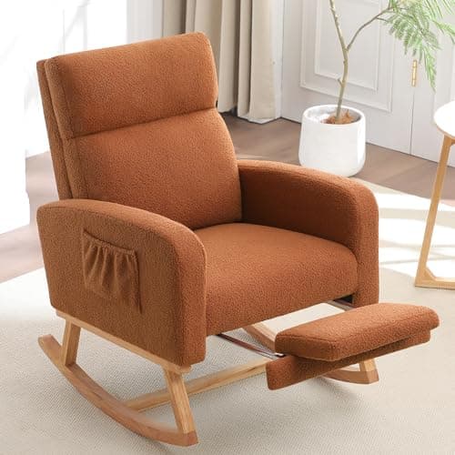 Nursing Rocking Chair with Footrest and High Backrest, Beige