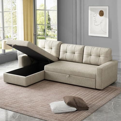 Beige L-Shaped Sleeper Sectional with Reversible Storage for Living Room & Apartment