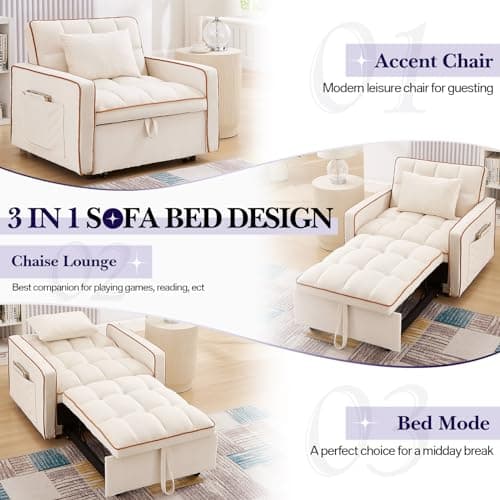 3-in-1 Convertible Sleeper Chair Bed for Small Spaces in Beige