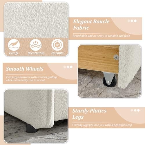 Queen Size Daybed with Storage Drawer, Upholstered in Boucle Fabric, Wood Slats Support, Beige