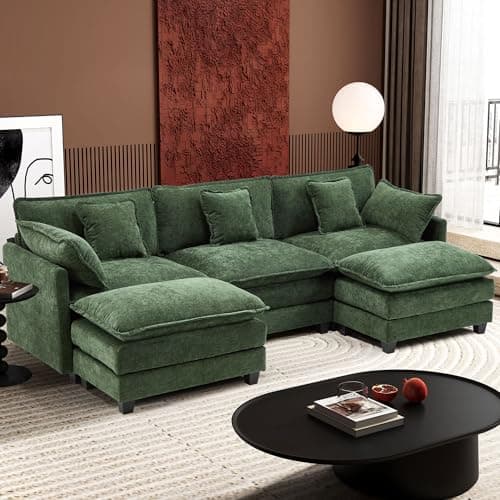 Ihanherry 6-Seat Beige Modular U-Shaped Sofa with Ottomans for Living Room