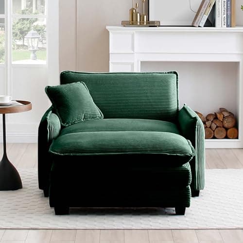 Antetek 46-Inch Oversized Indoor Chaise Lounge Chair with Ottoman, Green Corduroy Sofa for Living Room and Bedroom
