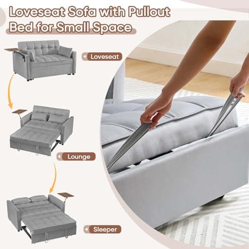 Antetek 3-in-1 Convertible Sofa Bed with Rotating Side Table, 53 Velvet Loveseat for Living Room, Office, and Small Spaces - Grey