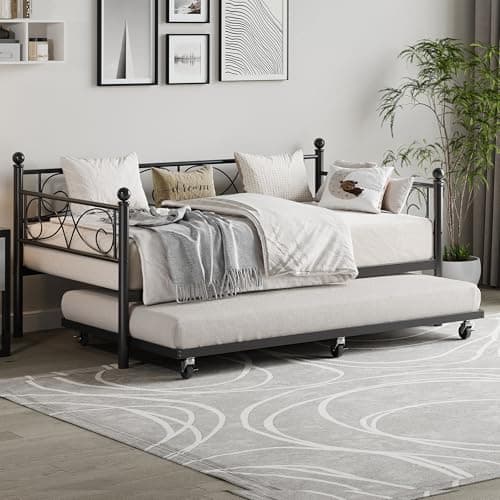 Modern Gold Metal Day Bed with Floral Headboard, Heavy Duty Steel Slats Supports