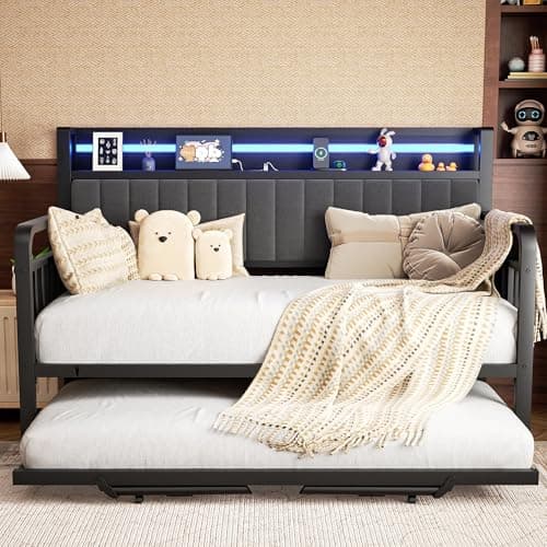 Heavy Duty Metal Full Bed Frame with Pop Up Trundle and LED Light (Black)
| Sturdy Daybed for Living Room, Bedroom and Guest Room with Charging Station (Black)
| Upholstered Storage Headboard and LED Light Daybed (Black)