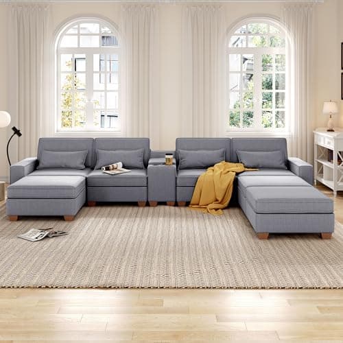 123" U-Shaped Modular Sofa with Storage, 4 Seats, Convertible Bed & Phone Holder"