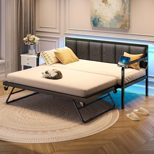 Rolanstar Height Adjustable Grey Daybed with USB Charging Station and LED for Living Room and Bedroom
