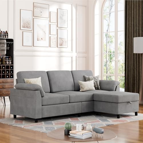 Vongrasig 3 Seat L Shaped Sofa with Removable Pillows Linen Fabric Black