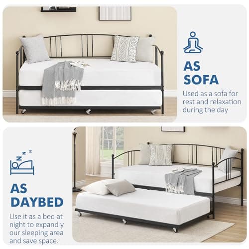 IDEALHOUSE Metal Twin Daybed with Trundle, Black