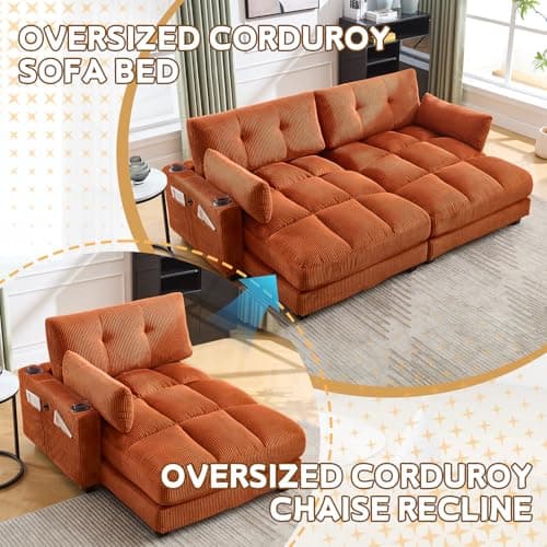 91" Orange Oversized Chaise Lounger with USB & Cup Holder for Living Room/Bedroom