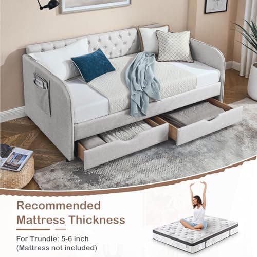 Modern 80.5 Daybed with Trundle Bed and Storage Drawer, Beige