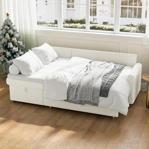 IULULU L-Shaped Boucle Sleeper Sofa with Pullout Bed and Chaise